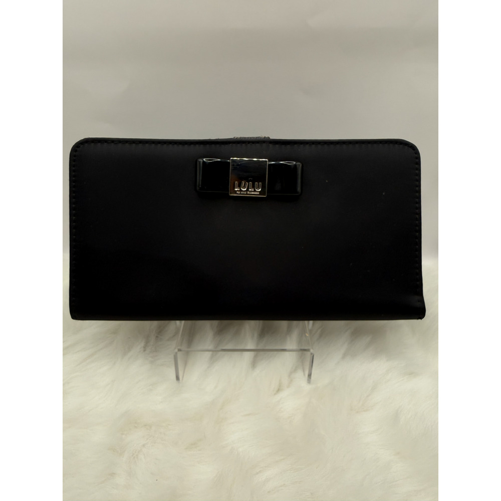 Lulu Guiness Black Satin Nylon Clutch/Wallet W/Polka Dot Interior and Bow Detail
